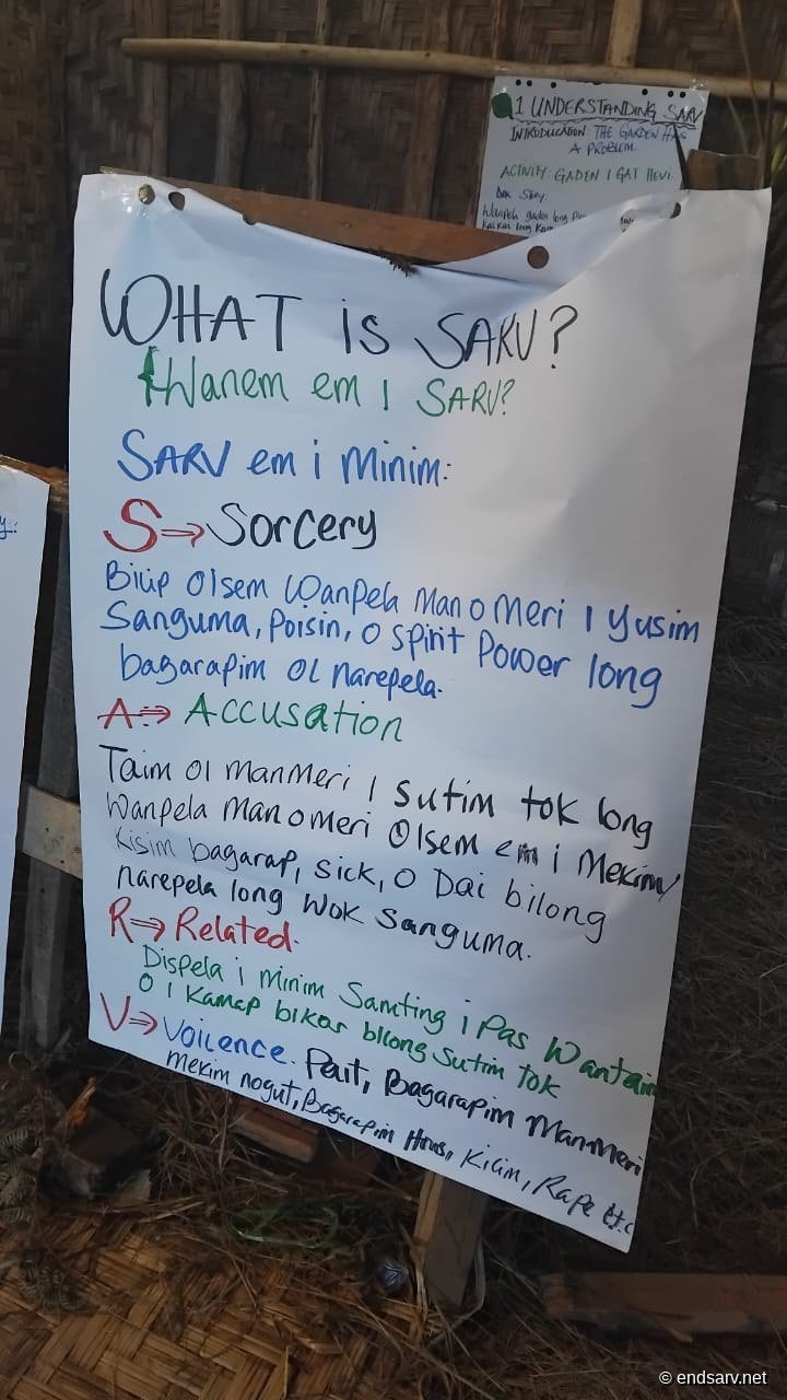 A participant-made flipchart defining SARV in Tok Pisin