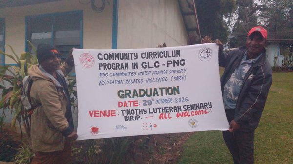 The banner for the Community Curriculum graduation at Timothy Lutheran Seminary, Birip. Gutnius Lutheran Church, Enga. September 2026.