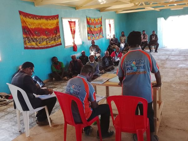 Reaching a remote community for a Community Curriculum session. Catholic Diocese of Mendi, Koea, Southern Highlands. June 2026.